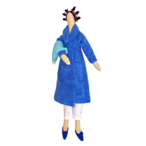 Υφασμάτινη διακοσμητική κούκλα με μπλε ρόμπα - ύφασμα, διακοσμητικά