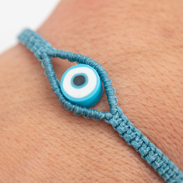 Γυναικείο βραχιόλι μακραμέ ματάκι μπλε παστέλ από κορδόνι - Womens macrame bracelet Evil Eye pastel blue made from thread - νήμα, μαμά, boho, χεριού, αυξομειούμενα - 3