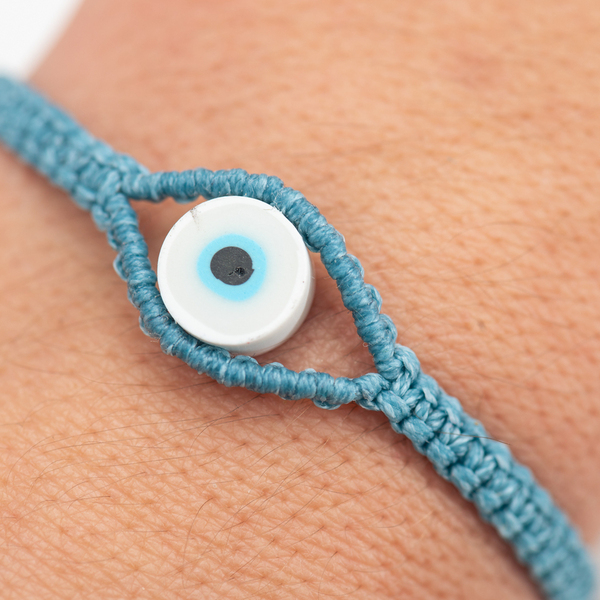 Γυναικείο βραχιόλι μακραμέ ματάκι μπλε παστέλ από κορδόνι - Womens macrame bracelet Evil Eye pastel blue made from thread - νήμα, μαμά, boho, χεριού, αυξομειούμενα - 4