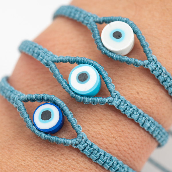 Γυναικείο βραχιόλι μακραμέ ματάκι μπλε παστέλ από κορδόνι - Womens macrame bracelet Evil Eye pastel blue made from thread - νήμα, μαμά, boho, χεριού, αυξομειούμενα - 5