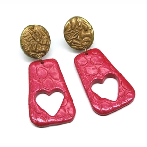 Σκουλαρίκια Καρδιές RED & GOLD - επιχρυσωμένα, πηλός, ατσάλι, μεγάλα, καρφάκι - 2