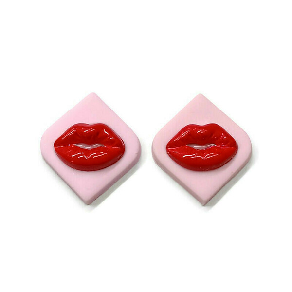 Kisses - Σκουλαρίκια από πηλό με κόκκινα μεταλλικά φιλάκια - πηλός, ατσάλι, κοσμήματα, αγ. βαλεντίνου - 2