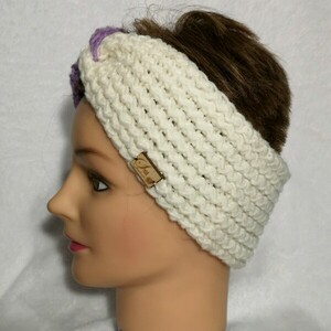 Xειροποίητη πλεκτή Κορδέλα μαλλιών / Headband / earwarmer, μώβ και λευκό - μαλλί, ακρυλικό, σκουφάκια, headbands - 2