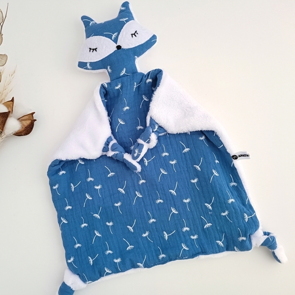 Πανάκι παρηγοριάς αλεπουδάκι κάμελ και μπλε, νάνι αλεπουδάκι από βαμβακερή μουσελίνα με πικραλίδα, δώρο για νεογέννητο - κορίτσι, αγόρι, δώρο γέννησης - 3