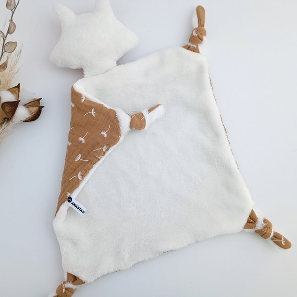 Πανάκι παρηγοριάς αλεπουδάκι κάμελ και μπλε, νάνι αλεπουδάκι από βαμβακερή μουσελίνα με πικραλίδα, δώρο για νεογέννητο - κορίτσι, αγόρι, δώρο γέννησης - 4