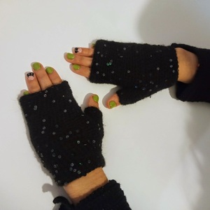 Γυναικεία χειροποίητα μαύρα γάντια με παγιέτες χωρίς δάκτυλα πλεγμένα με βελονάκι - πολυεστέρας, ακρυλικό, χειροποίητα - 4