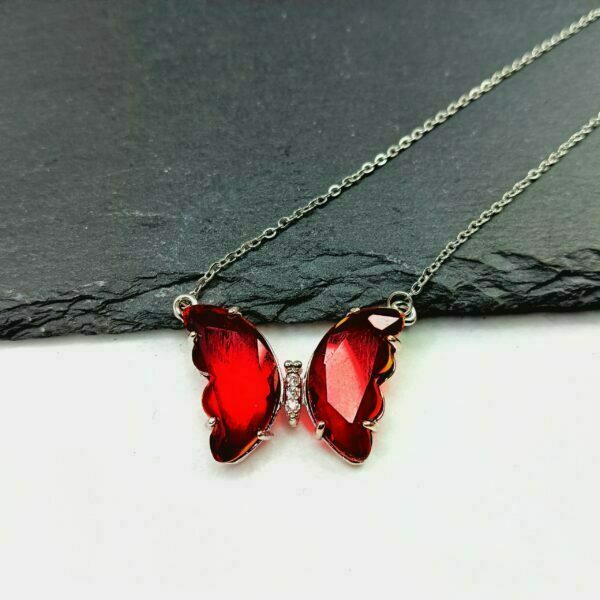 Κολιέ Κόκκινη Πεταλούδα με Ασημί Αλυσίδα - charms, πεταλούδα, κοντά, ατσάλι, φθηνά - 2