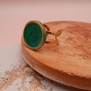 Ατσάλινο δαχτυλίδι με υγρό γυαλί αυξομειούμενο - πράσινο - γυαλί, στρογγυλό, ατσάλι, boho, αυξομειούμενα - 4