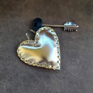 Μπρελόκ/Αξεσουάρ Τσάντας Χρυσή Μεταλιζέ Καρδιά, 11 εκ - δέρμα, καρδιά, αυτοκινήτου, σπιτιού - 3