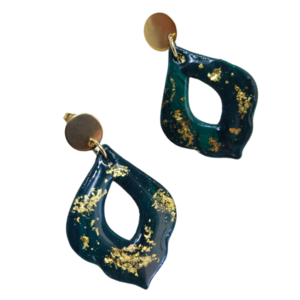 Καρφωτά σκουλαρίκια πολυμερικού πηλού με φύλλα χρυσού πράσινα - γυαλί, πηλός, καρφωτά, ατσάλι, μεγάλα