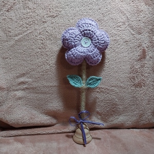 Επιτραπέζιο πλεκτό λουλούδι μαργαρίτα σε χρώμα μωβ - ξύλο, βαμβακερό νήμα, διακοσμητικά - 3
