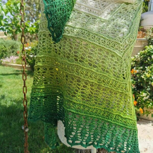 Πράσινο τριγωνικό σαλι πλεκτο βαμβακερο - crochet, χειροποίητα, εσάρπες, 100% βαμβακερό - 2