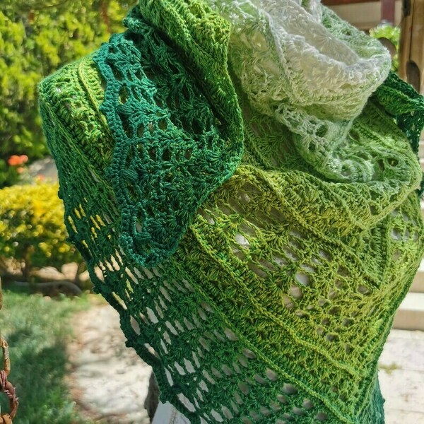 Πράσινο τριγωνικό σαλι πλεκτο βαμβακερο - crochet, χειροποίητα, εσάρπες, 100% βαμβακερό - 3