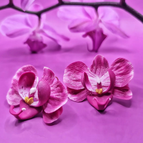 Χειροποίητο κρεμαστό σκουλαρίκι Ορχιδέας | ατσάλι πολυμερικός πηλός λουλούδια floral ανοιξιάτικο μοναδικό φούξια - λουλούδι, ατσάλι, boho, νυφικά, μεγάλα - 2