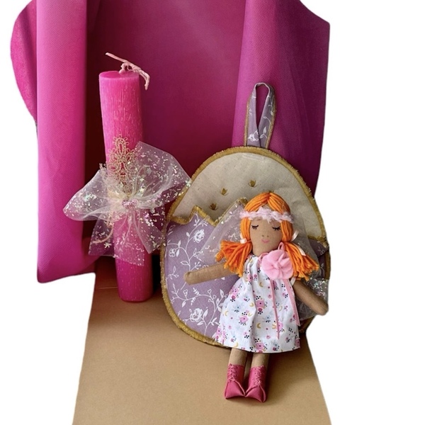 Σετ Πασχαλινή Λαμπάδα κολώνα 22cm,φούξια ,με κούκλα και φωλίτσα αυγό πάνινη . - λαμπάδες, σετ, για παιδιά, πριγκίπισσες, παιχνιδολαμπάδες - 2