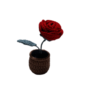Πλεκτό γλαστράκι με κόκκινο τριαντάφυλλο 14cm - μαλλί, τριαντάφυλλο, διακοσμητικά