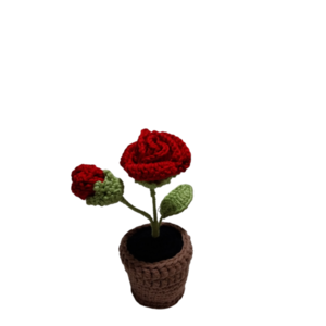 Πλεκτό γλαστράκι με 2 κόκκινα τριαντάφυλλα 14cm - νήμα, τριαντάφυλλο, διακοσμητικά