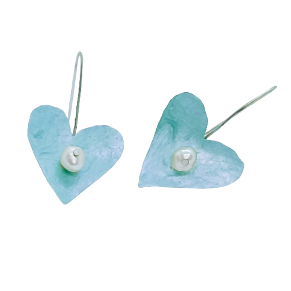 Σκουλαρίκια Καρδιές γαλάζιες με μαργαριτάρι στην μέση - αλπακάς, καρδιά, αγ. βαλεντίνου, φθηνά