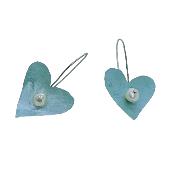 Σκουλαρίκια Καρδιές γαλάζιες με μαργαριτάρι στην μέση - αλπακάς, καρδιά, αγ. βαλεντίνου, φθηνά - 2