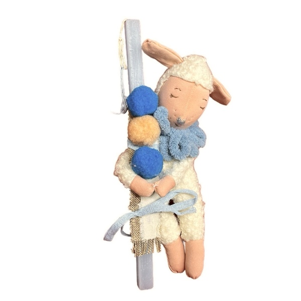 Πασχαλινή Λαμπάδα αρωματική γαλάζια με λούτρινο προβατάκι σε ξύλινη πλάτη - αγόρι, λαμπάδες, για παιδιά, πρώτο Πάσχα, για μωρά