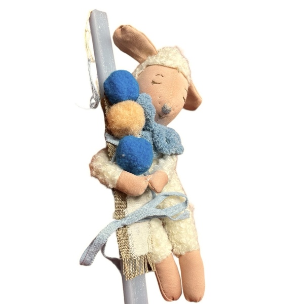 Πασχαλινή Λαμπάδα αρωματική γαλάζια με λούτρινο προβατάκι σε ξύλινη πλάτη - αγόρι, λαμπάδες, για παιδιά, πρώτο Πάσχα, για μωρά - 2