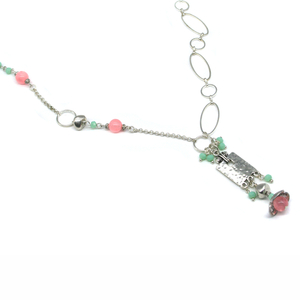 Κολιέ MINT & PINK - επάργυρα, χάντρες, μακριά, λουλούδι, ατσάλι