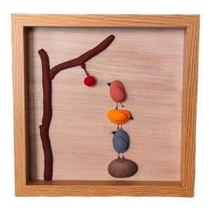 Ξύλινο τετράγωνο καδράκι με χειροποίητα πουλάκια και δέντρο από πολυμερικό πηλό - πίνακες & κάδρα