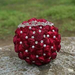 Κόκκινη Ανθοδέσμη με υφασμάτινα λουλούδια 15cm - γάμος και βάπτιση - 3
