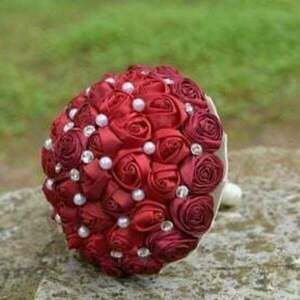 Red bouquet -Κόκκινη Ανθοδέσμη με υφασμάτινα λουλούδια 15cm - γάμος και βάπτιση - 4