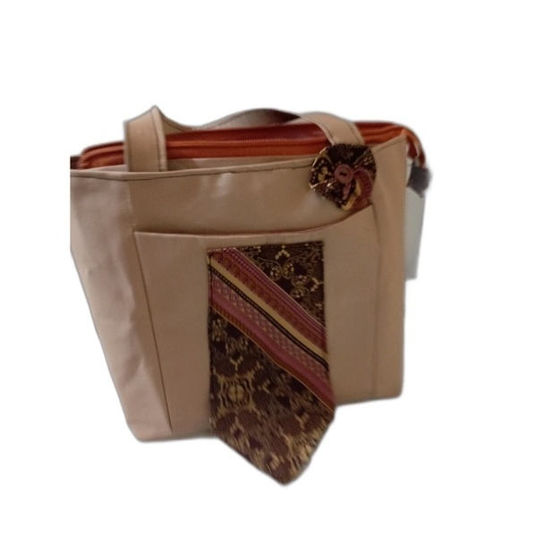 Τσάντα ώμου με γραβάτα και λουλουδι μπεζ χρώματος - ύφασμα, ώμου, μεγάλες, all day, tote - 3