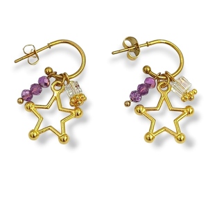 Σκουλαρίκια κρεμαστά με αστέρι "Lilac Stardust" - ορείχαλκος, αστέρι, μικρά, ατσάλι, καρφάκι