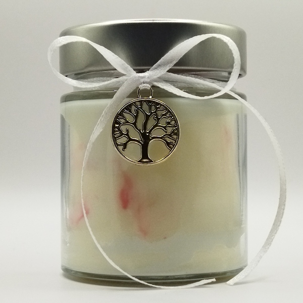 Χειροποίητο αρωματικό κερί σόγιας λευκό, με άρωμα βανίλια σε βαζάκι 156ml με καπάκι 8εκ Χ6εκ με δέντρο ζωής - βάπτισης
