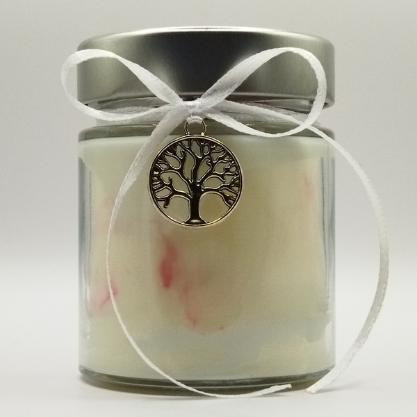 Χειροποίητο αρωματικό κερί σόγιας λευκό, με άρωμα βανίλια σε βαζάκι 156ml με καπάκι 8εκ Χ6εκ με δέντρο ζωής - βάπτισης - 2