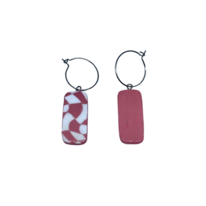 “Pink & White Tiles” Earrings - Χειροποίητα σκουλαρίκια από πηλό ζωγραφισμένα στο χέρι (3 εκ. μήκος, ανοξείδωτο υποαλλεργικό ατσάλι, πηλός, ορθογώνια) - πηλός, μικρά, γάντζος - 3