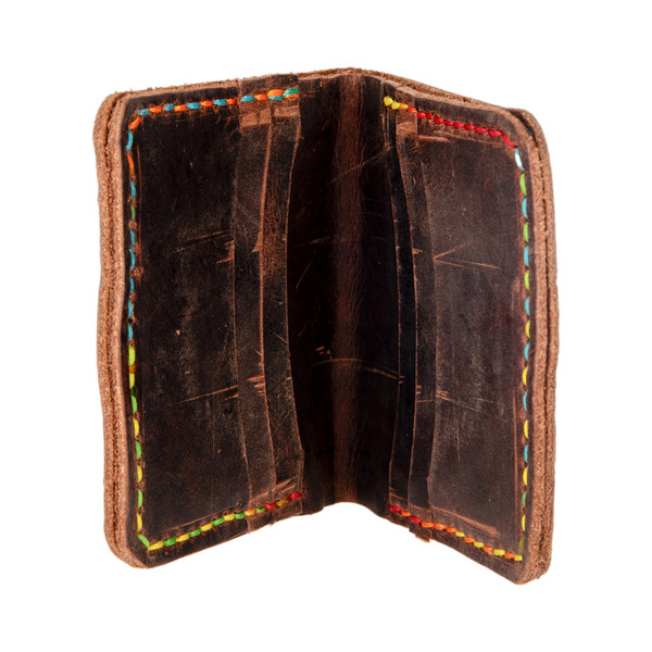 Γυναικείο χειροποίητο δερμάτινο πορτοφόλι Toya καφέ με πολύχρωμη κλωστή - δέρμα, πορτοφόλια - 3
