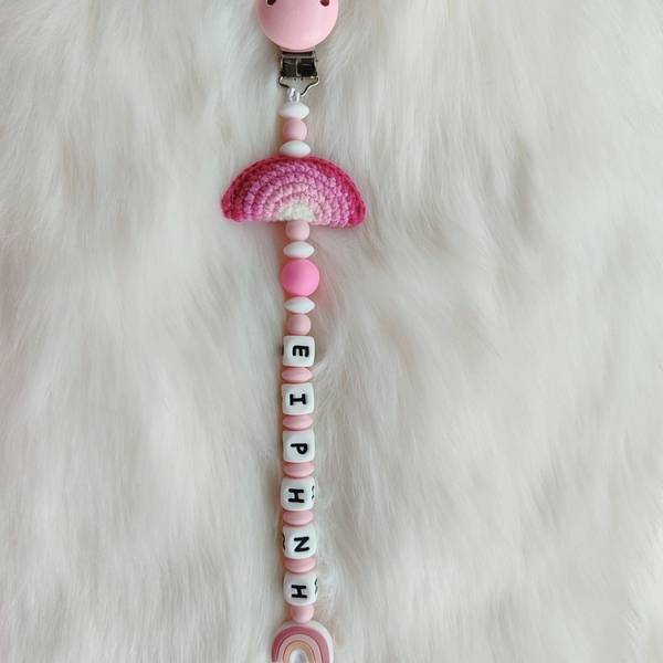 Κλιπ πιπίλας πλεκτό ροζ ουράνιο τόξο με όνομα - κορίτσι, δώρα για μωρά, κλιπ πιπίλας, προσωποποιημένα - 3