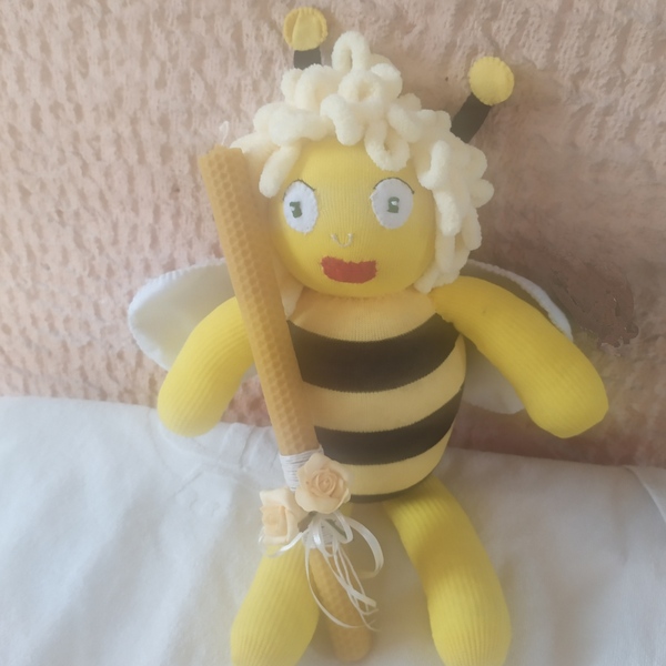 Λαμπάδα με χειροποίητη μέλισσα 45 cm - λαμπάδες, λούτρινο, ζωάκια - 2