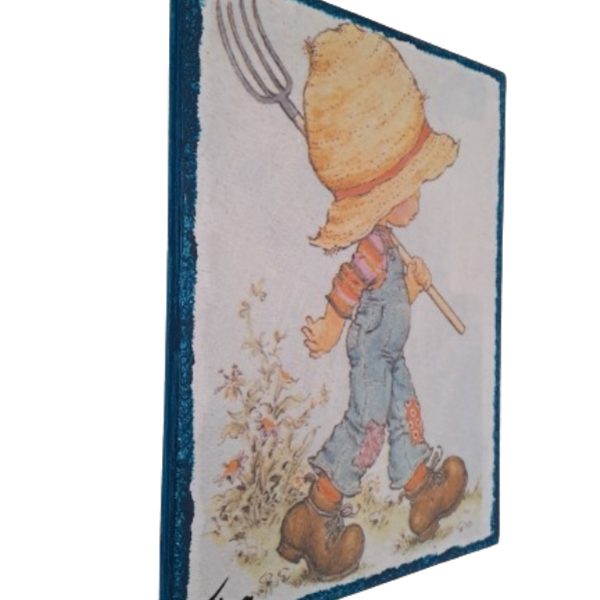 Αγόρι με ψαθινο καπέλο , ξύλινο κρεμαστο κανδρο διάστασης 15Χ20 εκατ. - κορίτσι, αγόρι, κρεμαστό διακοσμητικό - 3
