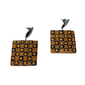 “Black & Orange” Earrings - Χειροποίητα σκουλαρίκια από πηλό ζωγραφισμένα στο χέρι (3 εκ. μήκος, ανοξείδωτο υποαλλεργικό ατσάλι, πηλός, τετράγωνα) - πηλός, μεγάλα - 3