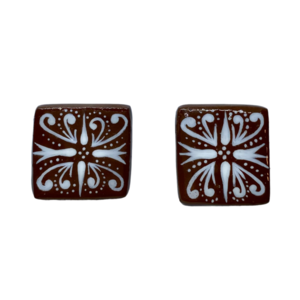 “Brown Mosaic” Earrings - Χειροποίητα σκουλαρίκια από πηλό ζωγραφισμένα στο χέρι (2,5 εκ. μήκος, ανοξείδωτο υποαλλεργικό ατσάλι, πηλός, τετράγωνα) - πηλός, μικρά - 2