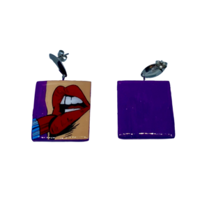 “Pop Art Lips” Earrings - Χειροποίητα σκουλαρίκια από πηλό ζωγραφισμένα στο χέρι (3 εκ. μήκος, ανοξείδωτο υποαλλεργικό ατσάλι, πηλός, τετράγωνα) - πηλός, μακριά, μεγάλα - 3