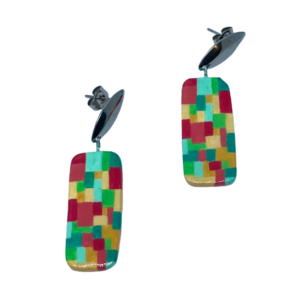 “Rainbow Tiles” Earrings - Χειροποίητα σκουλαρίκια από πηλό ζωγραφισμένα στο χέρι (3 εκ. μήκος, ανοξείδωτο υποαλλεργικό ατσάλι, πηλός, ορθογώνια) - πηλός, μακριά, μεγάλα - 2