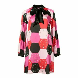 PENNY DRESS-Mίνι Σατέν Eμπριμέ Φόρεμα με Φιόγκο στον Λαιμό (Μannequini Pink) - mini, συνθετικό - 3