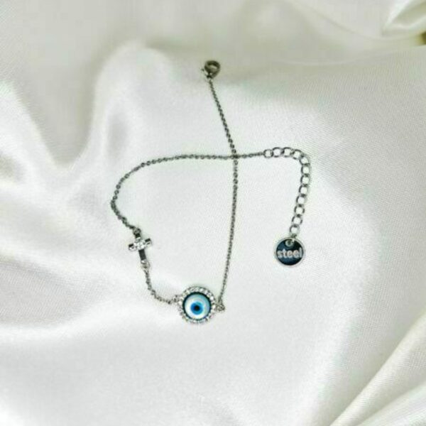 Ατσάλινο Βραχιόλι Αλυσίδα Blue Eye με Ασημί Σταυρουδάκι - ατσάλι, χεριού, χειροπέδες, αυξομειούμενα, φθηνά - 2