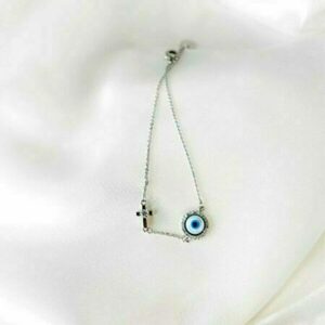 Ατσάλινο Βραχιόλι Αλυσίδα Blue Eye με Ασημί Σταυρουδάκι - ατσάλι, χεριού, χειροπέδες, αυξομειούμενα, φθηνά - 3