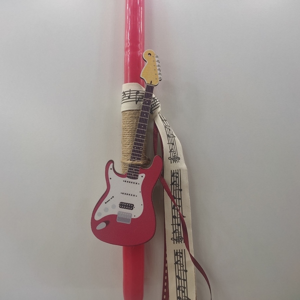 Λαμπάδα κόκκινη με ξύλινη ηλεκτρική κόκκινη κιθάρα 30εκ χ 7εκ με κορδέλα με νότες - αγόρι, λαμπάδες, για παιδιά - 3