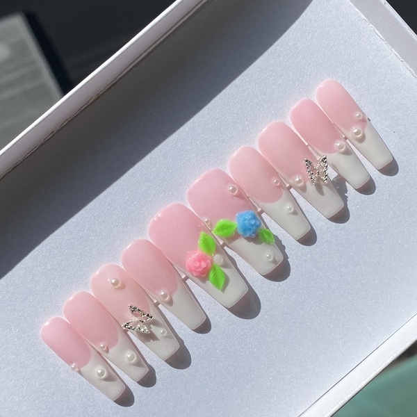 RTS Press On Nails - French with 3D roses and pearls Size large Long Coffin - 3