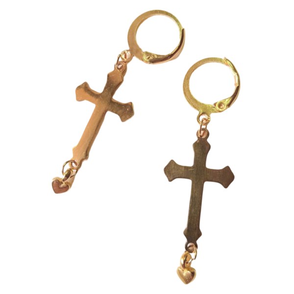 Ατσάλινα σκουλαρίκια σταυρός με κρεμαστή χρυσή καρδιά - σταυρός, μικρά, ατσάλι, γάντζος, φθηνά - 2