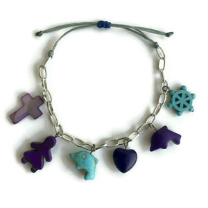 Βραχιόλι μωβ γαλάζιο charms χαολίτη αλυσίδα μεταλλική μέγεθος αυξομειούμενο καρδιά δελφίνι σταυρός κοριτσάκι τιμόνι - ημιπολύτιμες πέτρες, καρδιά, boho, χεριού, αυξομειούμενα