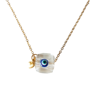 Ατσάλινη χρυσή αλυσίδα με κρυστάλλινο κύβο μάτι γαλάζιο - γυαλί, μάτι, ατσάλι, κύβος, φθηνά